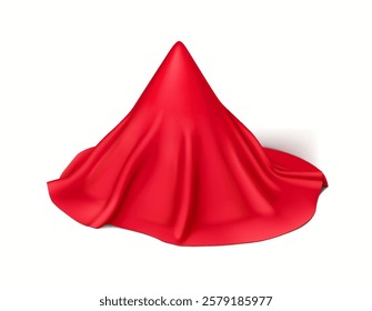 Smooth red silk tablecloth draping over cone realistic vector illustration. Product unveiling at opening 3d object on white background