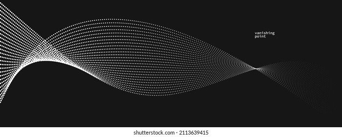 Smooth and relaxing shape vector abstract background with wave of flowing particles over black, curve lines of dots in motion, tranquil and soft image.