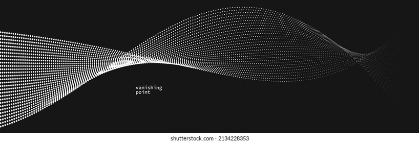 Smooth and relaxing shape vector abstract background with wave of flowing particles over black, curve lines of dots in motion, tranquil and soft image.