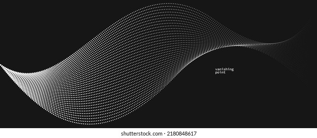 Smooth and relaxing shape vector abstract background with wave of flowing particles over black, curve lines of dots in motion, tranquil and soft image.