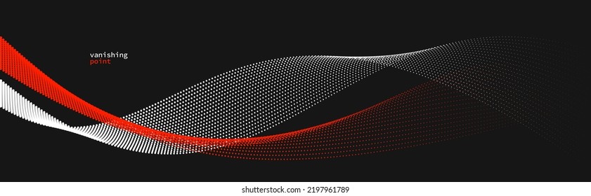 Smooth and relaxing shape vector abstract background with wave of flowing particles, curve lines of dots in motion, red and black tranquil and soft image.