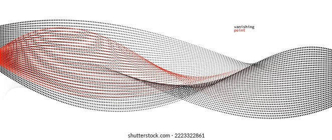 Smooth and relaxing shape vector abstract background with wave of flowing particles, curve lines of dots in motion, red and black tranquil and soft image.