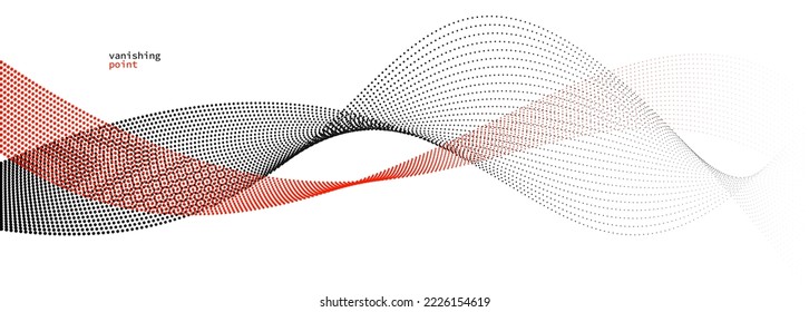 Smooth and relaxing shape vector abstract background with wave of flowing particles, curve lines of dots in motion, red and black tranquil and soft image.