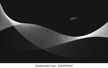 Smooth and relaxing shape vector abstract background with wave of flowing particles over black, curve lines of dots in motion, tranquil and soft image.