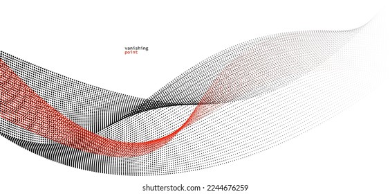 Smooth and relaxing shape vector abstract background with wave of flowing particles, curve lines of dots in motion, red and black tranquil and soft image.