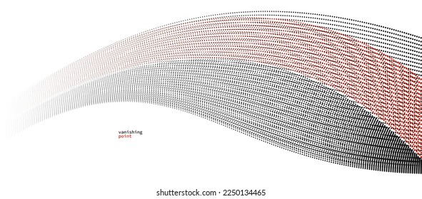 Smooth and relaxing shape vector abstract background with wave of flowing particles, curve lines of dots in motion, red and black tranquil and soft image.