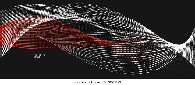 Smooth and relaxing shape vector abstract background with wave of flowing particles, curve lines of dots in motion, red and black tranquil and soft image.