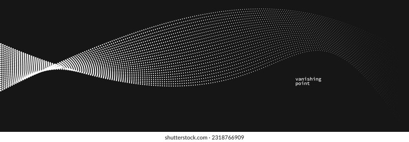 Smooth and relaxing shape vector abstract background with wave of flowing particles over black, curve lines of dots in motion, tranquil and soft image.