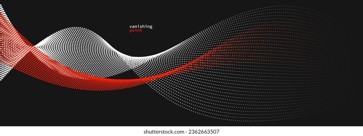 Smooth and relaxing shape vector abstract background with wave of flowing particles, curve lines of dots in motion, red and black tranquil and soft image.