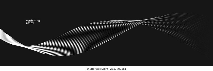Smooth and relaxing shape vector abstract background with wave of flowing particles over black, curve lines of dots in motion, tranquil and soft image.