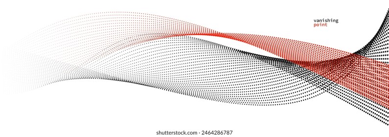 Smooth and relaxing shape vector abstract background with wave of flowing particles, curve lines of dots in motion, red and black tranquil and soft image.