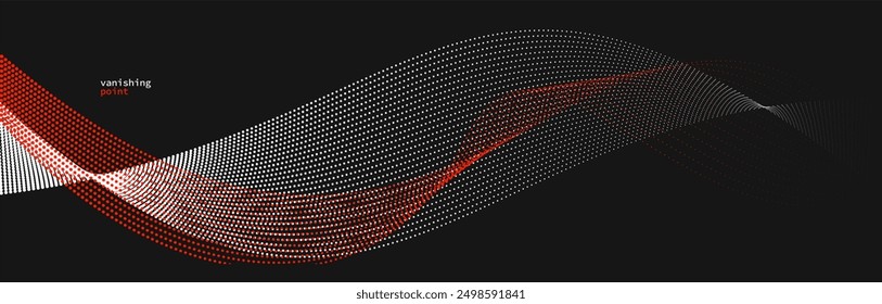 Smooth and relaxing shape vector abstract background with wave of flowing particles, curve lines of dots in motion, red and black tranquil and soft image.