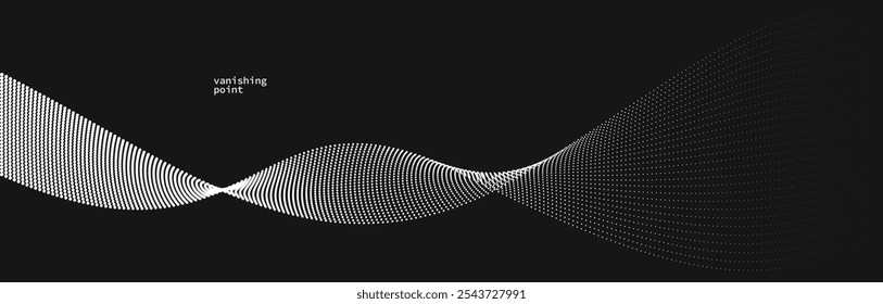 Smooth and relaxing shape vector abstract background with wave of flowing particles over black, curve lines of dots in motion, tranquil and soft image.