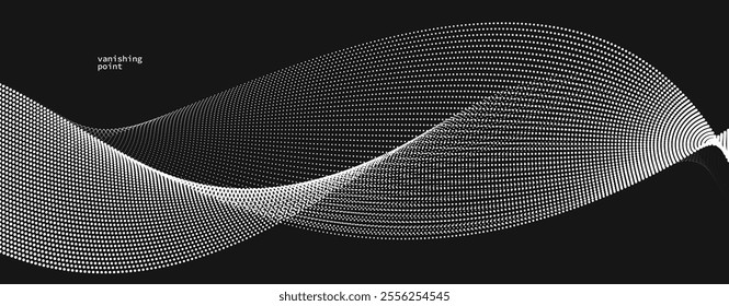 Smooth and relaxing shape vector abstract background with wave of flowing particles over black, curve lines of dots in motion, tranquil and soft image.