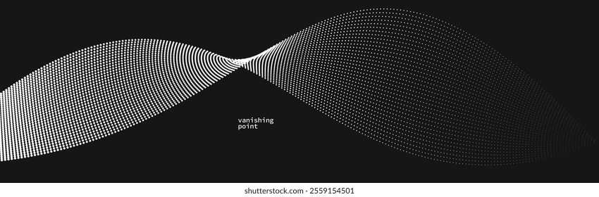 Smooth and relaxing shape vector abstract background with wave of flowing particles over black, curve lines of dots in motion, tranquil and soft image.