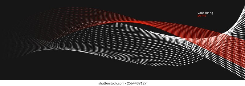 Smooth and relaxing shape vector abstract background with wave of flowing particles, curve lines of dots in motion, red and black tranquil and soft image.