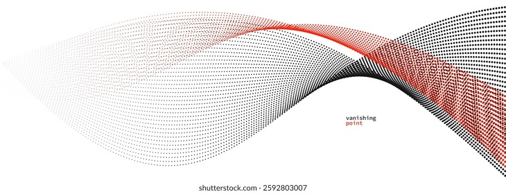 Smooth and relaxing shape vector abstract background with wave of flowing particles, curve lines of dots in motion, red and black tranquil and soft image.