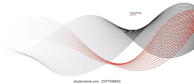Smooth and relaxing shape vector abstract background with wave of flowing particles, curve lines of dots in motion, red and black tranquil and soft image.