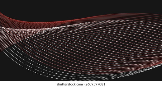 Smooth and relaxing shape vector abstract background with wave of flowing particles style, curve lines of dots in motion, red and black tranquil and soft image