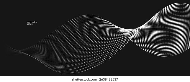Smooth and relaxing shape vector abstract background with wave of flowing particles over black, curve lines of dots in motion, tranquil and soft image.