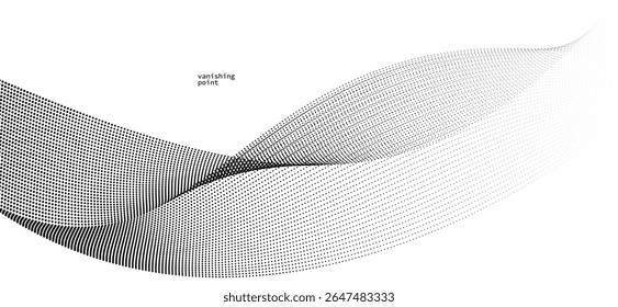 Smooth and relaxing shape vector abstract background with wave of flowing particles, curve lines of dots in motion, tranquil and soft image.