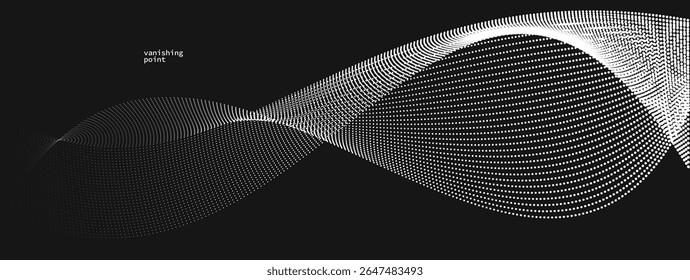 Smooth and relaxing shape vector abstract background with wave of flowing particles over black, curve lines of dots in motion, tranquil and soft image.