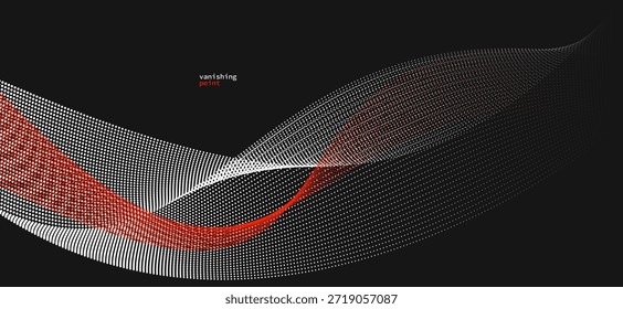 Fondo abstracto de Vector de forma suave y relajante con oleada de partículas que fluyen, líneas curvas de puntos en movimiento, Imagen tranquila y suave roja y negra.