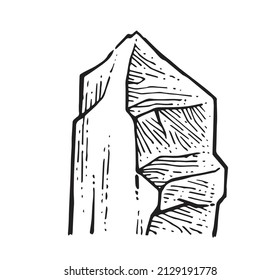 Smooth rock. Piece of cliff. In style of contour engraving. Outline sketch. Hand drawing is isolated on white background. Vector.