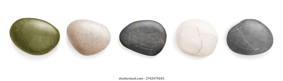 Smooth rocks and spa stones and pebbles for massage. Vector realistic style, minimalist zen garden and meditation. Japanese garden and art. Mineral material, natural cobbles or tiles shape