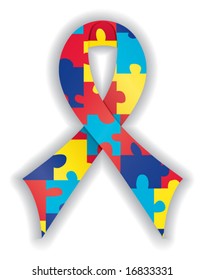 Smooth, satin awareness ribbon in brightly colored puzzle pattern