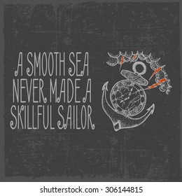 A smooth sea never made a skillful sailor t-shirt label design with illustration of anchor, compass, lightning and clouds