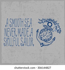 A smooth sea never made a skillful sailor t-shirt label design with illustration of anchor, compass, lightning and clouds