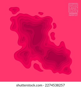 Smooth shape paper cut wavy shaped layers red topographic background. Abstract origami papercut color texture, curved layers and elevation contour lines vector illustration