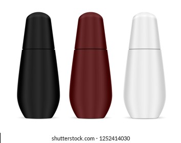 Smooth shape trendy cosmetic bottles for hair or body care products. Black, white and broun container concepts. 3v realistic vector design pack.