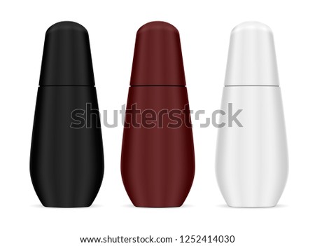 Smooth shape trendy cosmetic bottles for hair or body care products. Black, white and broun container concepts. 3v realistic vector design pack.