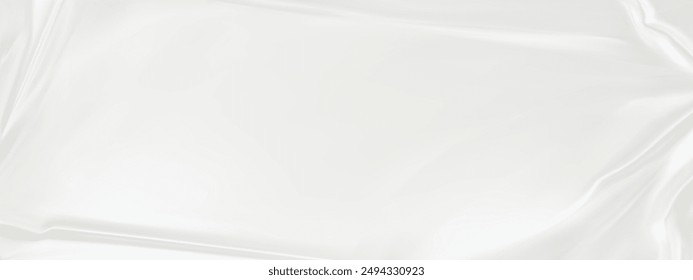 Smooth, shiny white silk with a crease background. White satin luxury background. White elegant background with space for design. Template, cover, header, Wide banner. 3D vector illustration.