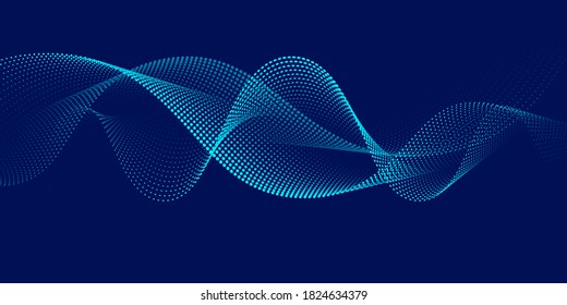 Smooth Smoke Particle Wave, Big Data Techno Background With Glowing Dots, Hi-tech Concept, Blue Color