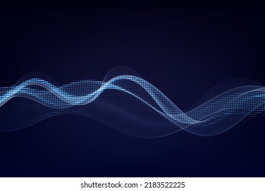 Smooth smoke particle wave, big data techno background with glowing dots, blue color.