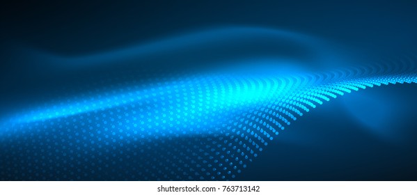 Smooth smoke particle wave, big data techno background with glowing dots, hi-tech concept, blue color