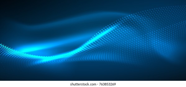 Smooth smoke particle wave, big data techno background with glowing dots, hi-tech concept, blue color