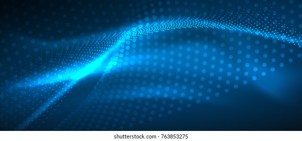 Smooth smoke particle wave, big data techno background with glowing dots, hi-tech concept, blue color