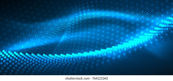 Smooth smoke particle wave, big data techno background with glowing dots, hi-tech concept, blue color