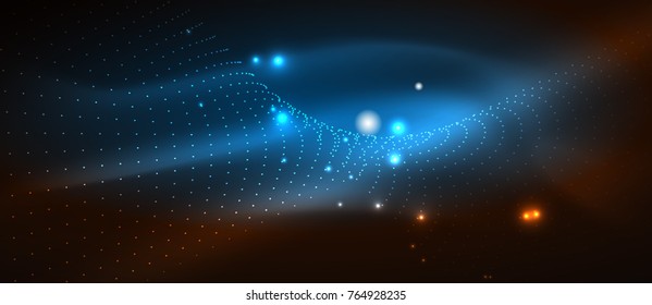 Smooth smoke particle wave, big data techno background with glowing dots, hi-tech concept
