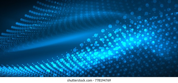 Smooth smoke particle wave, big data techno background with glowing dots, hi-tech concept, blue color