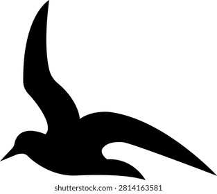 Smooth, soaring motion. Silhouette of a seagull in flight. Wide wingspan. Migratory seabird. Natural behavior of a seagull in flight.