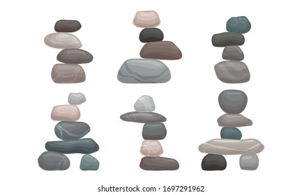 Smooth Stones and Pebbles Balancing on Each Other Creating Tower Vector Set
