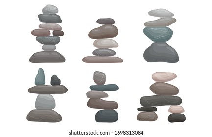 Smooth Stones and Pebbles Balancing on Each Other Creating Tower Vector Set