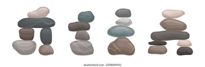 Smooth Stones and Pebbles Balancing on Each Other Creating Tower Vector Set