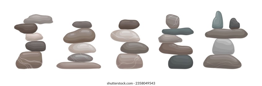 Smooth Stones and Pebbles Balancing on Each Other Creating Tower Vector Set