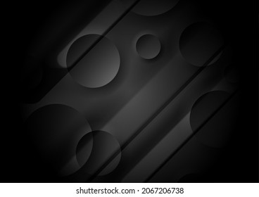Rayas suaves y círculos brillantes abstraen el fondo negro tecnológico. Diseño de vectores